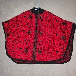 Alpaca Warehouse Shawl Wrap Women's Red Black Yarn Wood Buttons Made in Peru OS